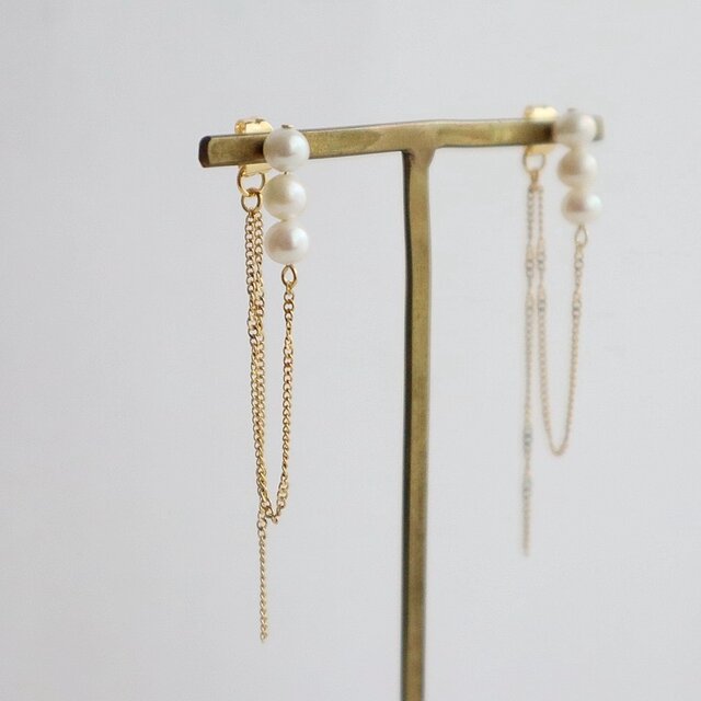 3連淡水パール×チェーン ピアス／ノンホールピアス