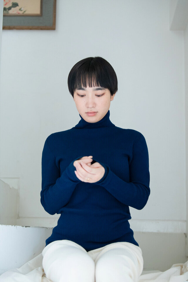 【藍染め】Organic Cotton無縫製　Cuff borderリブタートルセーター