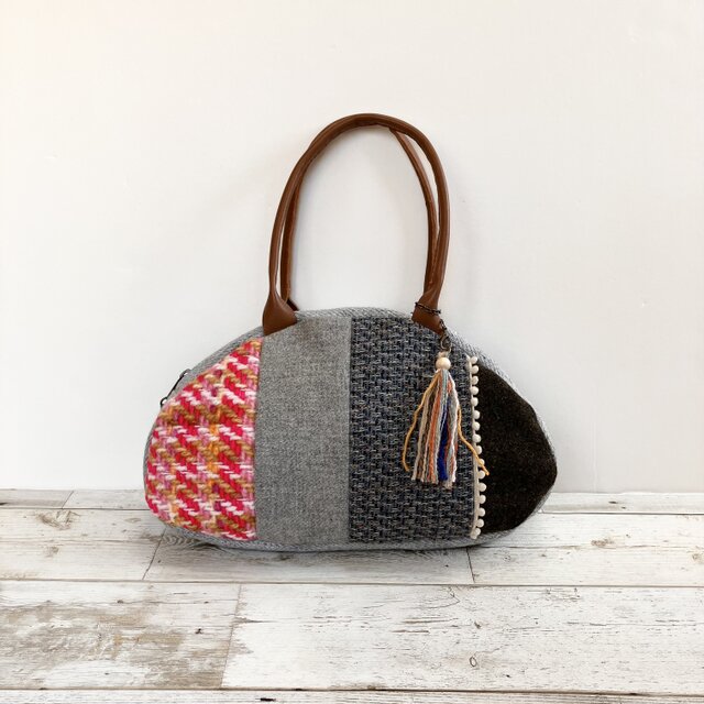ウールボストンバッグ 　ピンクツィードとグレー