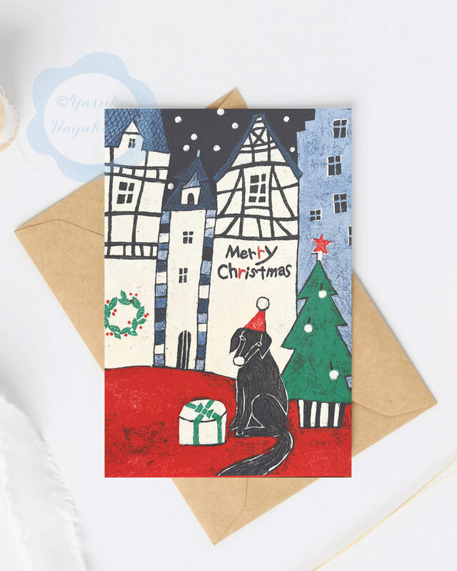 （53）クリスマスツリーと犬と雪の町のクリスマスカード　3枚セット