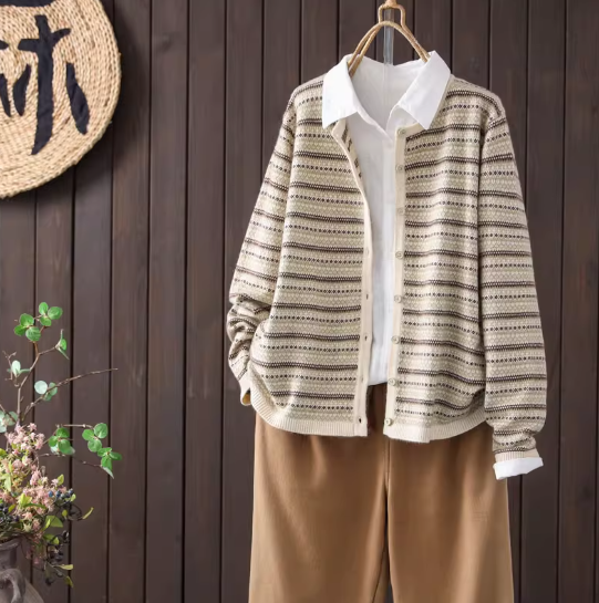 【受注】綿.  ラウンドネック ジャカードストライプ ニットカーディガン ロングスリーブ オーバーサイズ 秋冬 ショートアウター