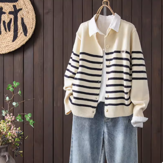 【受注】綿.  きれいめストライプカーデ ラウンドネック オーバーサイズ シングルボタン 秋冬 デイリー 保温