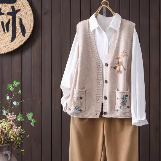 【受注】 Vネック ジャカード リブ編み ニットベスト シングルボタン 秋冬 ショートアウター