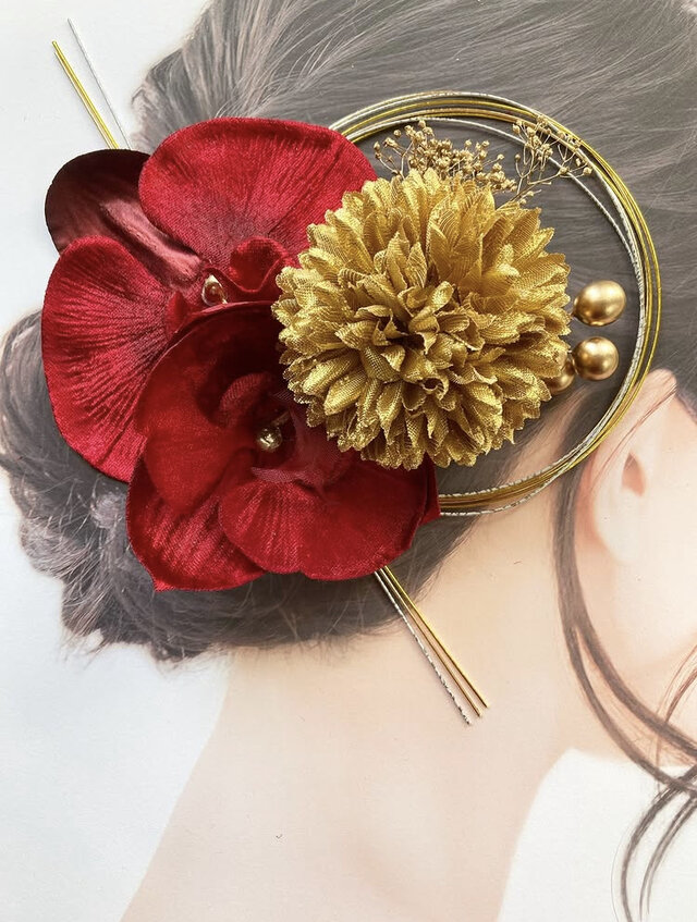 ベルベット赤胡蝶蘭髪飾り　マム　かすみ草ヘア