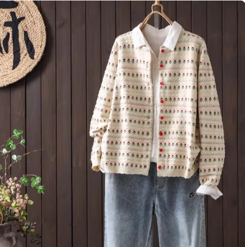 【受注】綿. ジャカード ショート クルーネック カーディガン