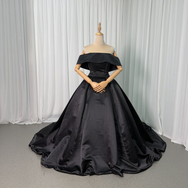 パーティードレス ブラック 光沢サテン オフショルダー ロングトレーン ファスナー 披露宴