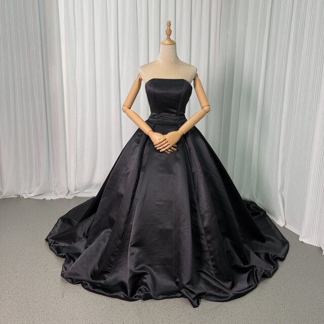 パーティードレス ブラック 光沢サテン ベアトップ ロングトレーン ファスナー 披露宴