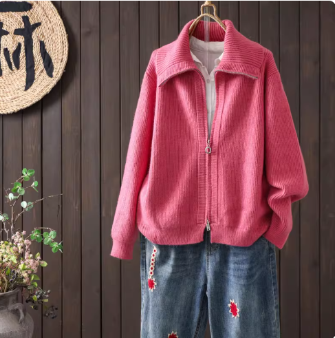 【受注】綿. スタンドカラー ジップアップカーディガン 保温 ショート丈