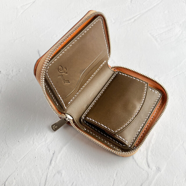 【旧仕様】ラウンドジップ二つ折り財布(オリーブ×キャメル) ラウンドファスナー コンパクト財布 バイカラーのコピー