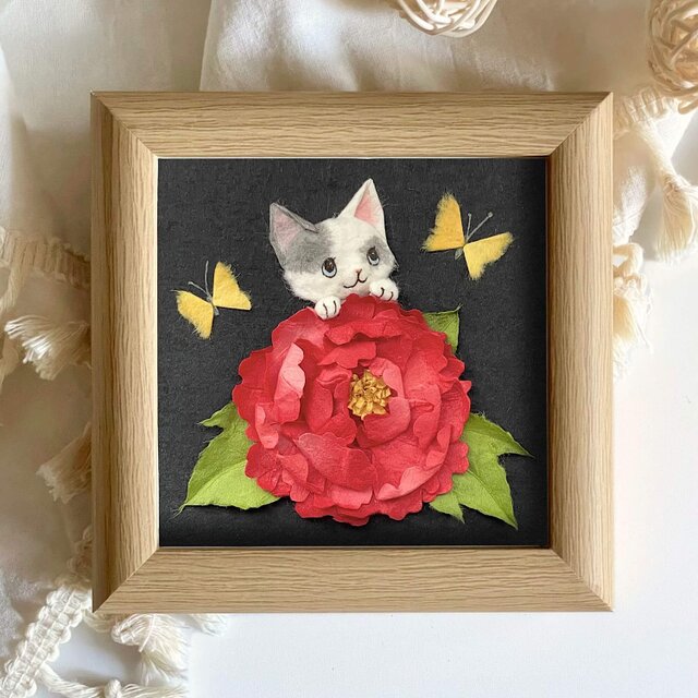 原画］和紙ちぎり絵『牡丹と蝶と猫』長寿祝いや敬老の日のプレゼントに