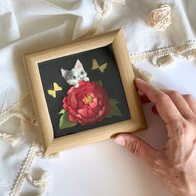 ちぎり絵　紅花モチーフ 原画］和紙ちぎり絵『牡丹と蝶と猫』長寿祝いや敬老の日のプレゼントに