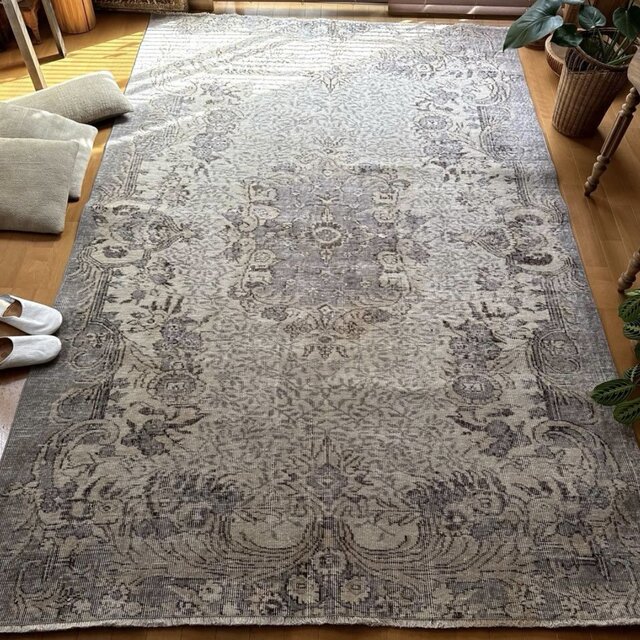 美品 超大判167×257 グレイ×クリーム ボタニカル トルコヴィンテージ