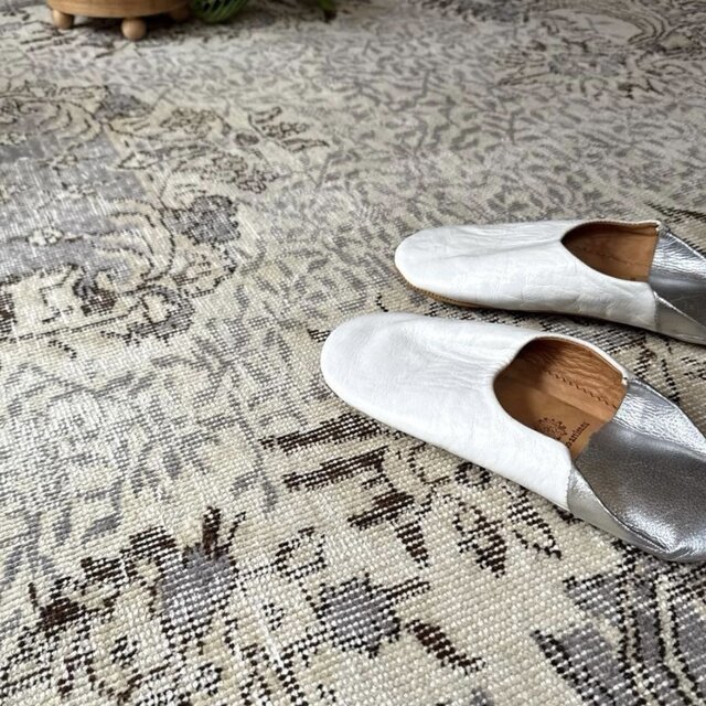 美品 超大判167×257 グレイ×クリーム ボタニカル トルコヴィンテージ