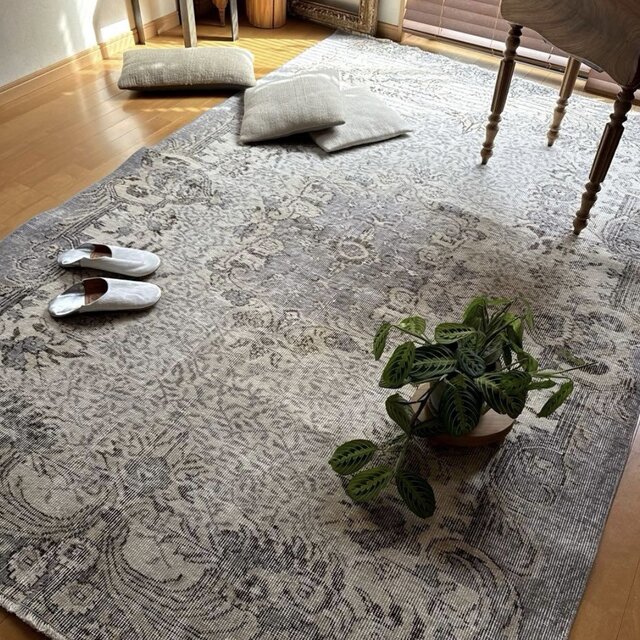 美品 超大判167×257 グレイ×クリーム ボタニカル トルコヴィンテージ