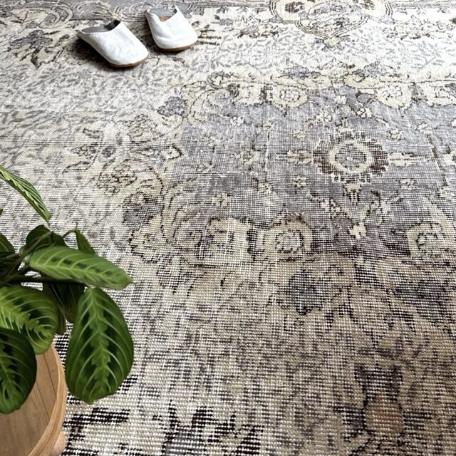 美品 超大判167×257 グレイ×クリーム ボタニカル トルコヴィンテージ