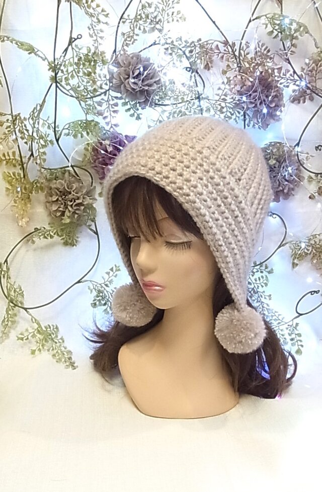 ニット帽 ニットキャップ ポンポン付き モヘア ベージュ 小顔効果