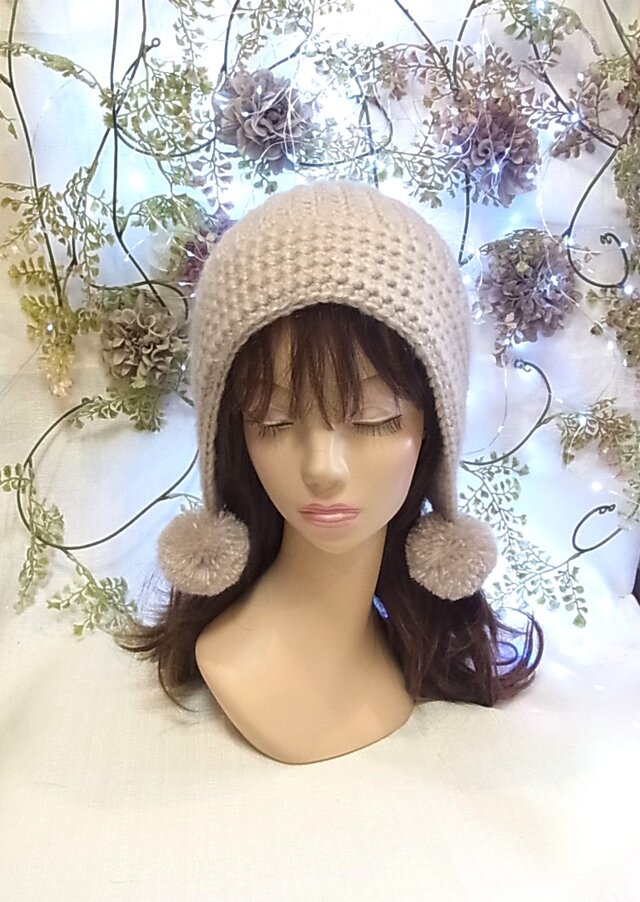 ニット帽 ニットキャップ ポンポン付き モヘア ベージュ 小顔効果