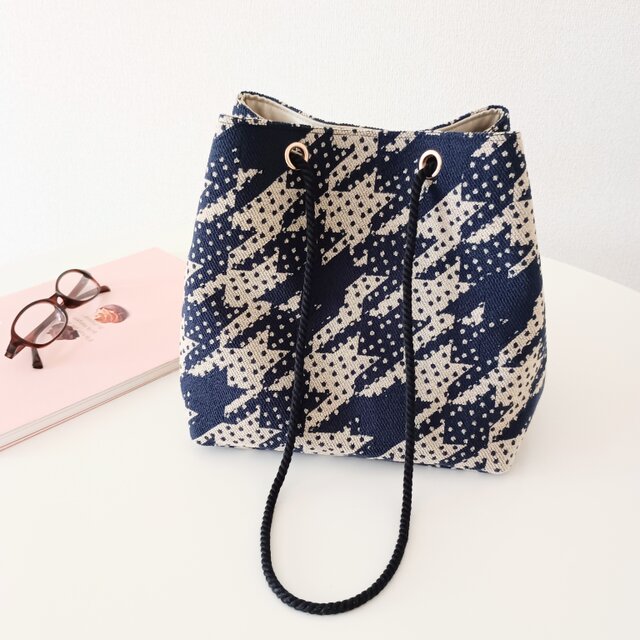 3way巾着ショルダーバッグ 千鳥格子 ドット柄 ジャガード織り 秋 冬