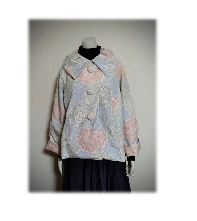 43＊大島紬　新作　ジャケット　昭和レトロ　着物リメイク　薔薇柄　ブルー系　