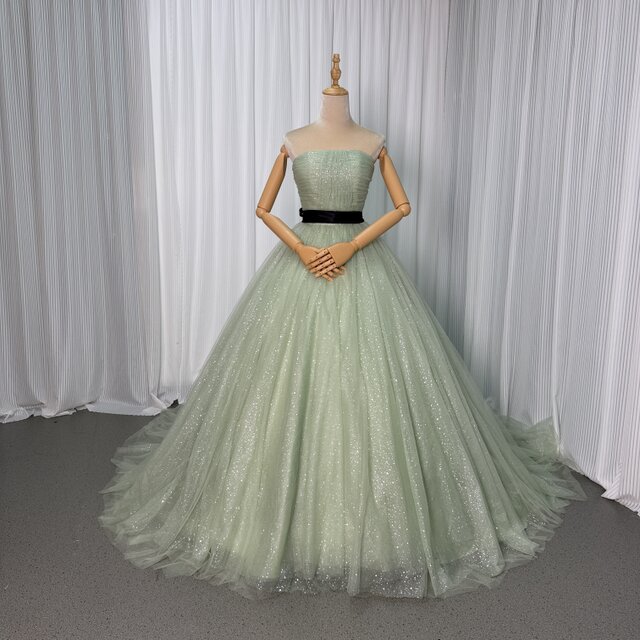 カラードレス ミントグリーン ベアトップ サッシュベルト シークインチュール ロングトレーン 花嫁