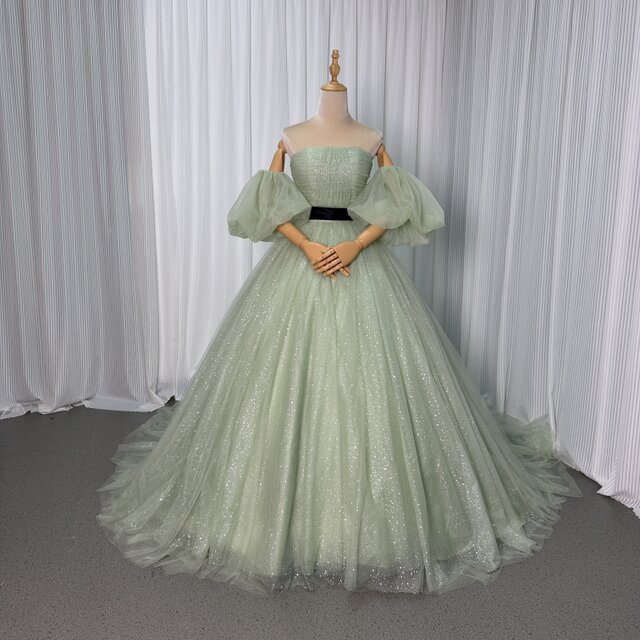 カラードレス ミントグリーン ベアトップ パフスリーブ サッシュベルト シークインチュール ロングトレーン 花嫁