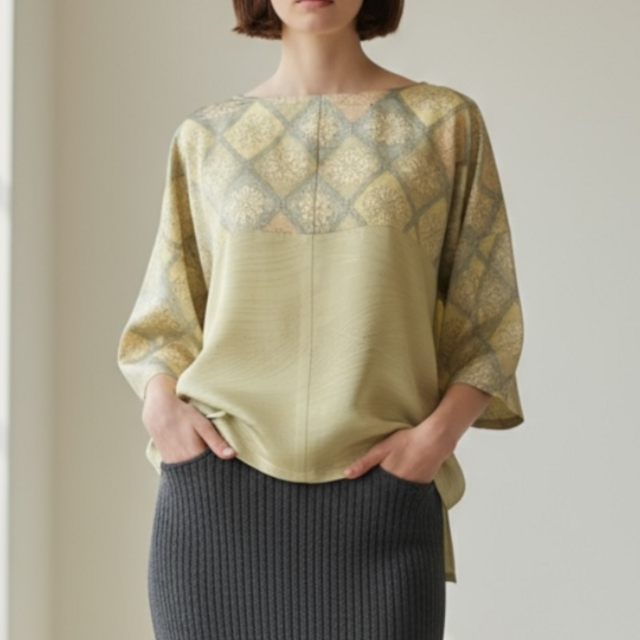 スクエアブラウス【送料込み】着物リメイク　七分袖　イエロー