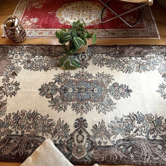 119×204ブラウン×クリーム ピンク水色 メダリオン トルコヴィンテージ