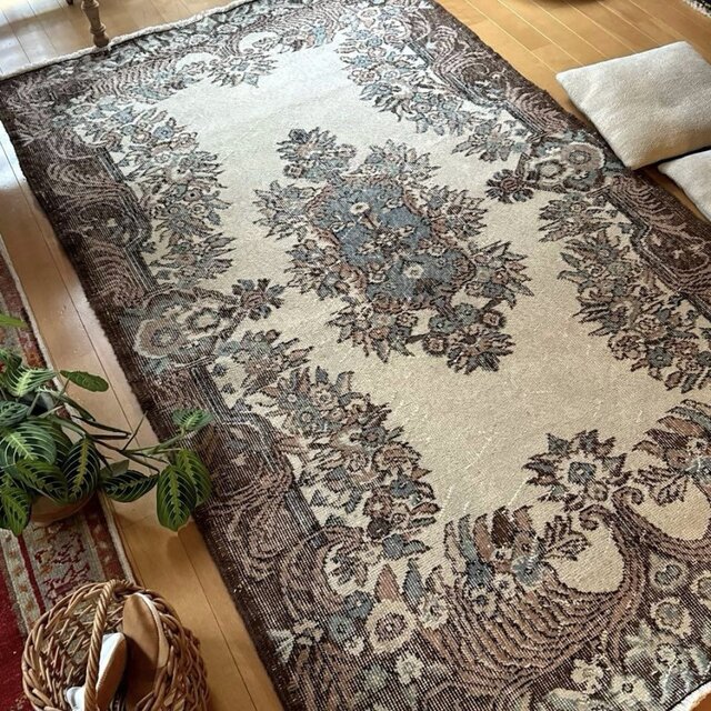 119×204ブラウン×クリーム ピンク水色 メダリオン トルコヴィンテージ