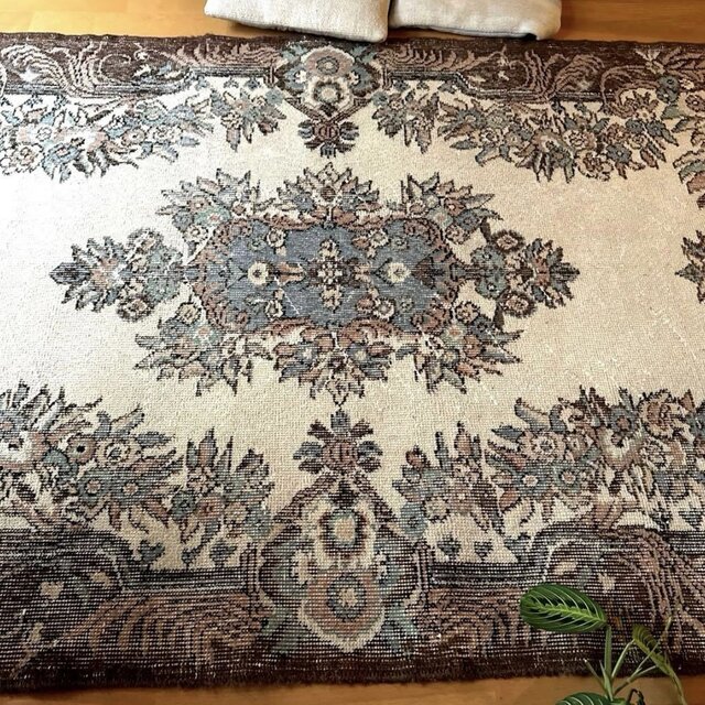 119×204ブラウン×クリーム ピンク水色 メダリオン トルコヴィンテージ