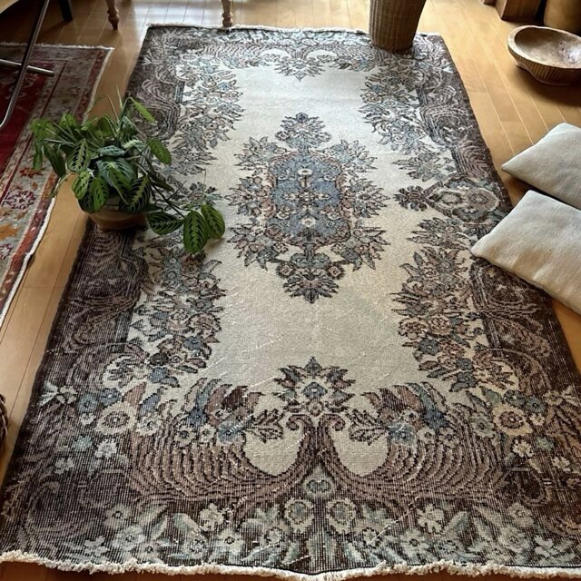 119×204ブラウン×クリーム ピンク水色 メダリオン トルコヴィンテージ