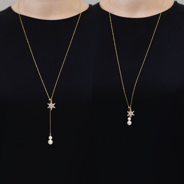 冬限定【14kgf ロングネックレス】雪の結晶・雪だるま パール 簡単つけ