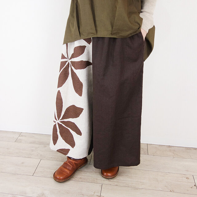 チョコリネン・リーフ切替ワイドパンツ