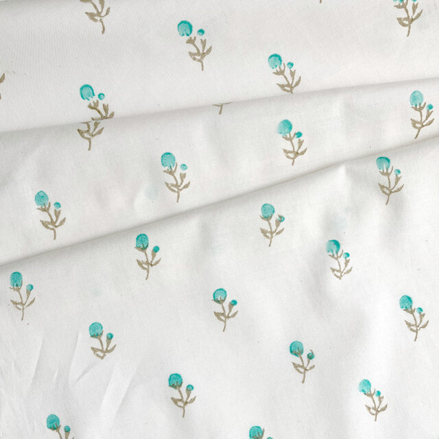 インド ブロックプリント生地 [50cm単位切売] 抜染 ミニ フラワー グリーン 花 SA IF0405