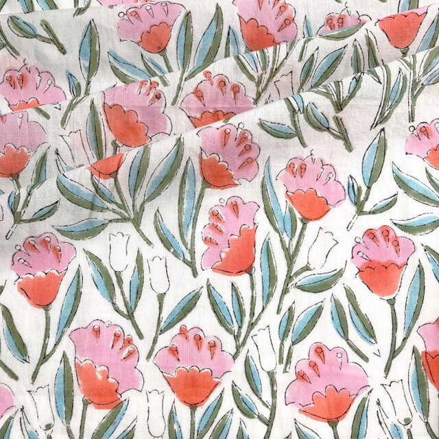 インド ブロックプリント生地 [50cm単位切売] サンガネリ ピンクフラワー on ホワイト 花 SA IF0397