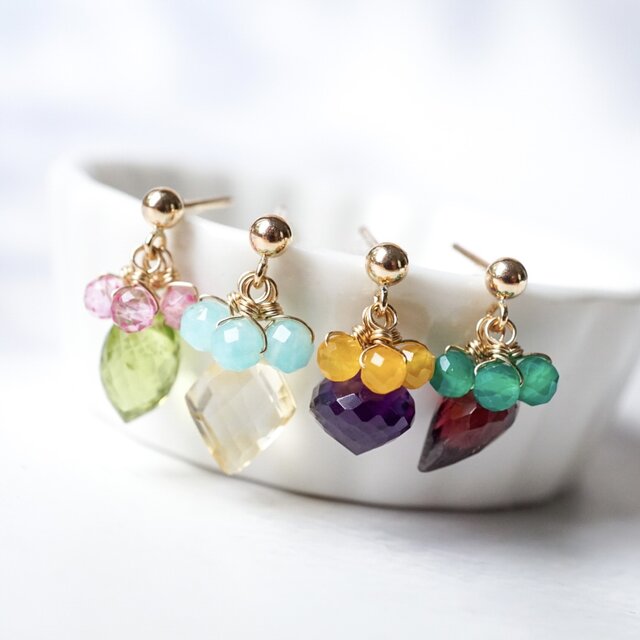 「四季の雫」ピアス イヤリング 天然石 誕生石 14kgf ゴールド 金属アレルギー対応 樹脂ピアス ノンホールピアス