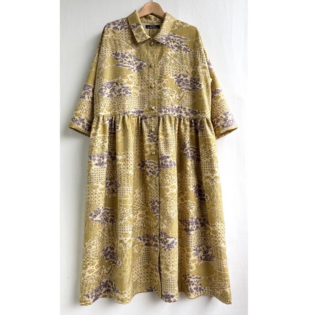 着物リメイク紬のワンピース　花吉祥文