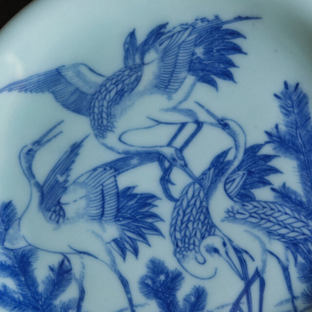 青磁に4匹の鶴◇伊万里 鶴文青磁印判中皿 古民家 器 骨董/antiques