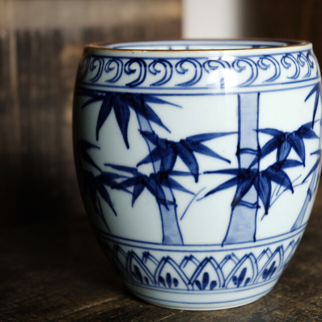 竹林の絵付け◇染付水指 茶道具 インテリア 和 桃山の銘 磁器 お茶道具