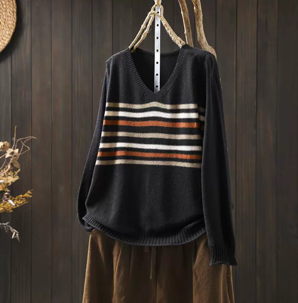 新作｜レディース Vネック ストライプ ニット トップス 長袖