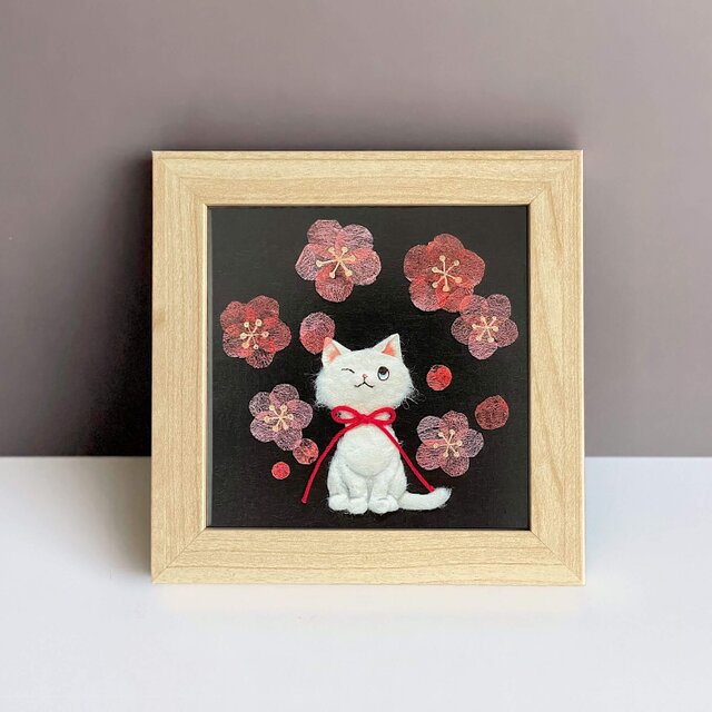 ［複製画］和紙ちぎり絵アートプリント（無料ラッピング付き)『紅葉とネコ』『紅梅と白猫』早春を告げる小さなインテリアアート