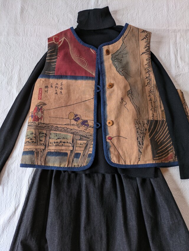 古布リメイク 藍染刺し子＋柿渋染リバーシブルベスト 型染 襤褸 刺し子