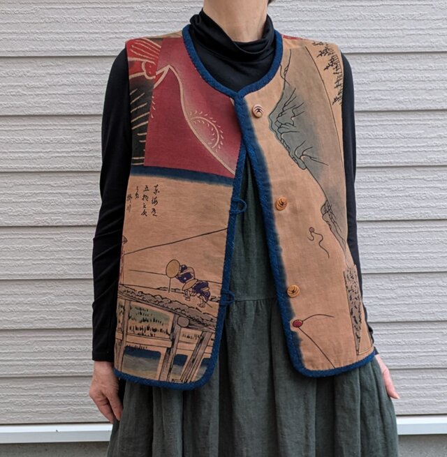 古布リメイク 藍染刺し子＋柿渋染リバーシブルベスト 型染 襤褸 刺し子