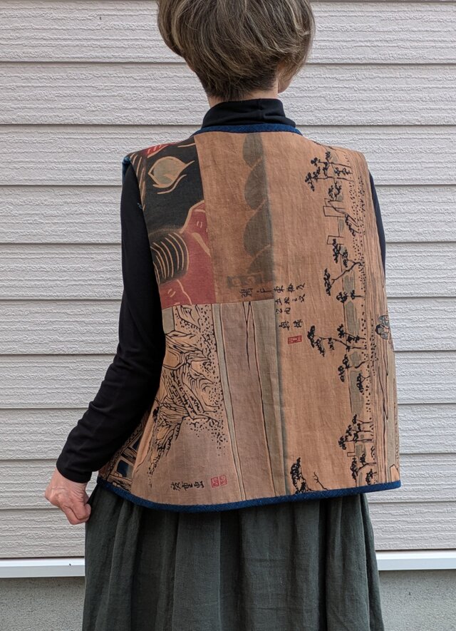 古布リメイク 藍染刺し子＋柿渋染リバーシブルベスト 型染 襤褸 刺し子