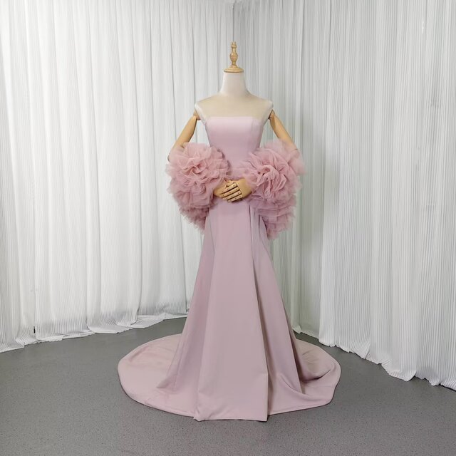 パーティードレス ピンク ベアトップ ポンチョ もこもこ マーメイドライン ファスナー クレープ生地 エレガント 前撮り