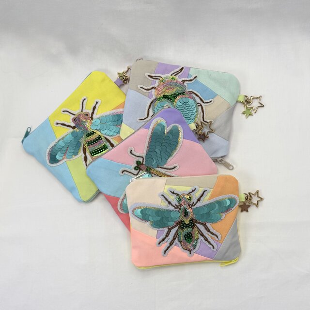【上下から入る】キラキラ昆虫のパッチワークポーチ