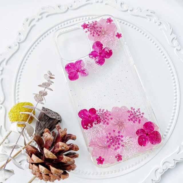 紫陽花（あじさい）桜（さくら）押し花スマホケース、全機種対応、iFace風、手帳型、iPhone、Android