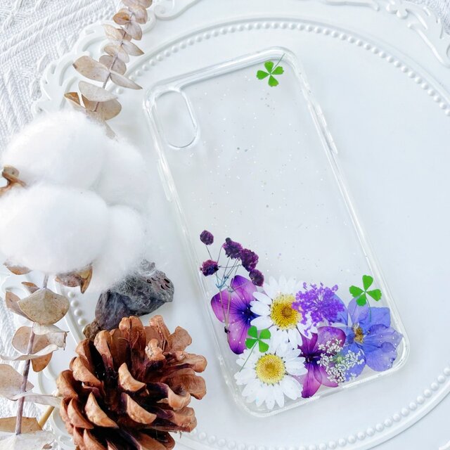 紫陽花（あじさい）かすみ草押し花スマホケース、全機種対応、iFace風、手帳型、iPhone全機種対応、Android全機種対応