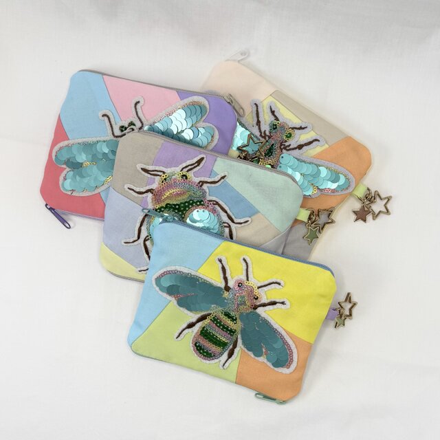 【上下から入る】キラキラ昆虫のパッチワークポーチ