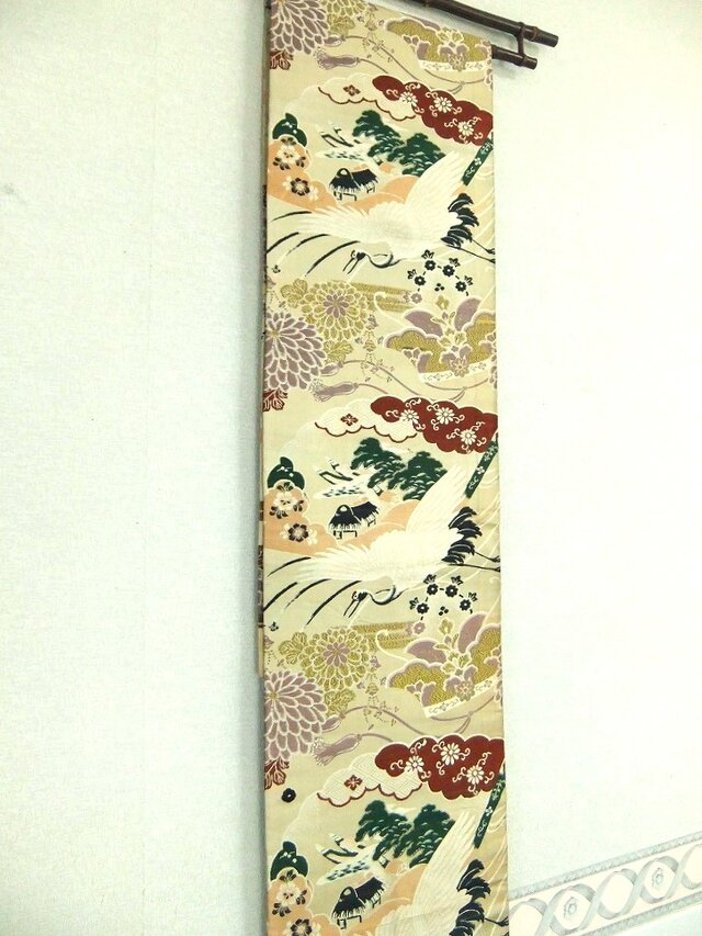 16)2391】206cm/アンティーク帯・鶴菊吉祥文様/タペストリー・テーブル