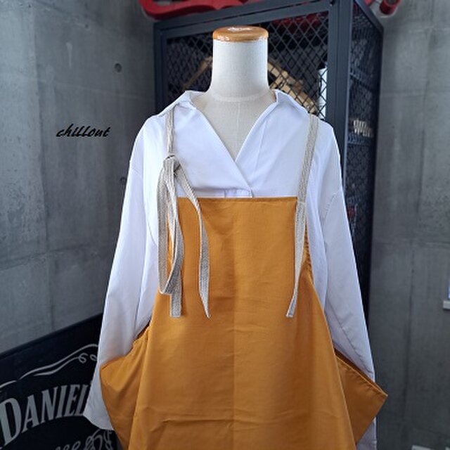 【背中がかわいい】エプロンドレス：マスタード×リネン【0932】